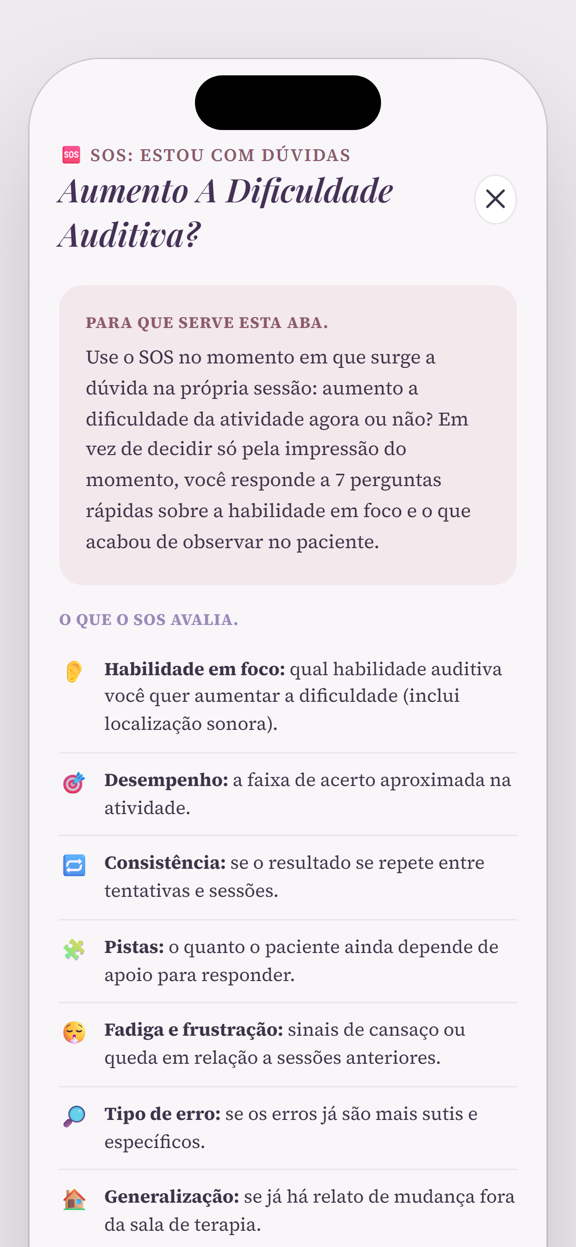 Tela do App de Orientação PAC com o botão SOS, para quando bate a dúvida dentro da sessão