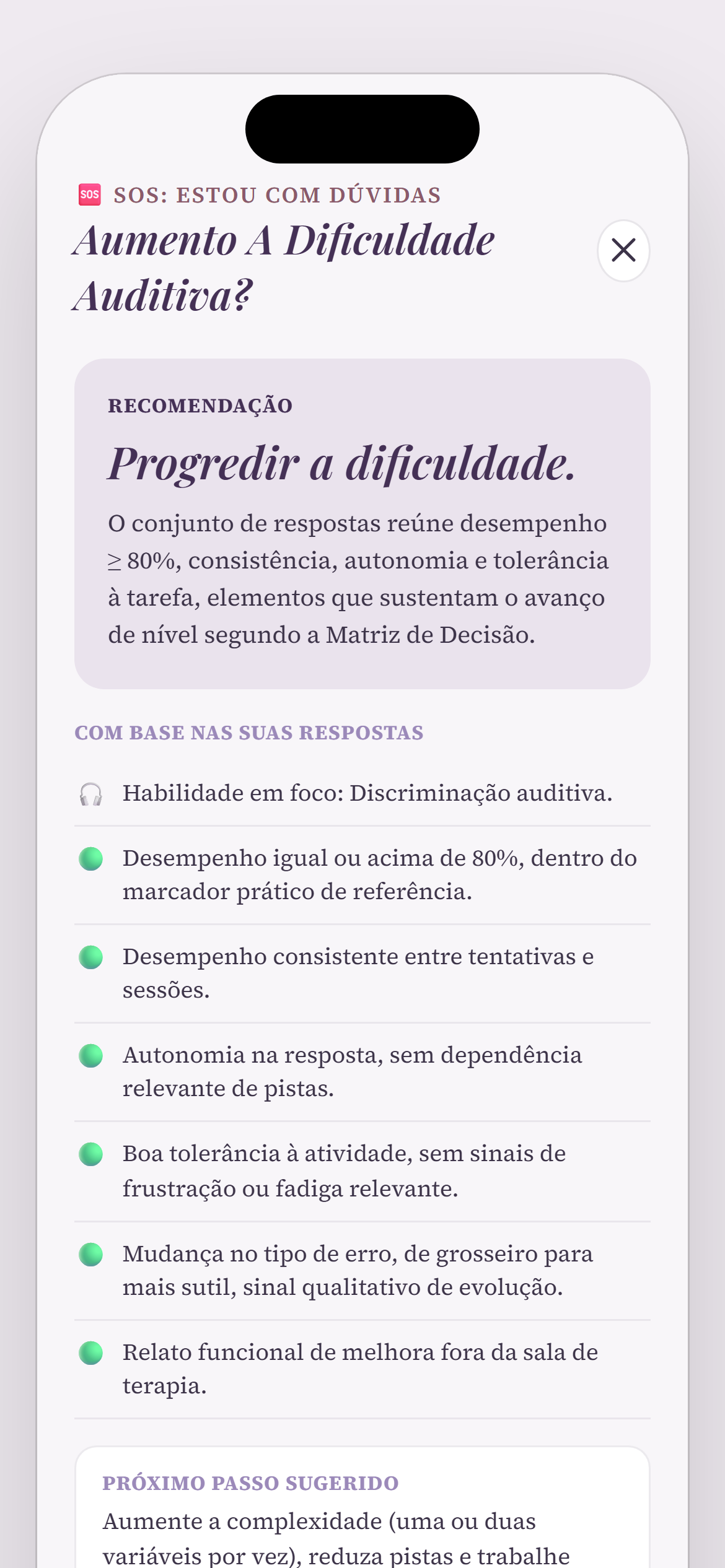 Resultado do SOS no app, com a recomendação de progredir a dificuldade
